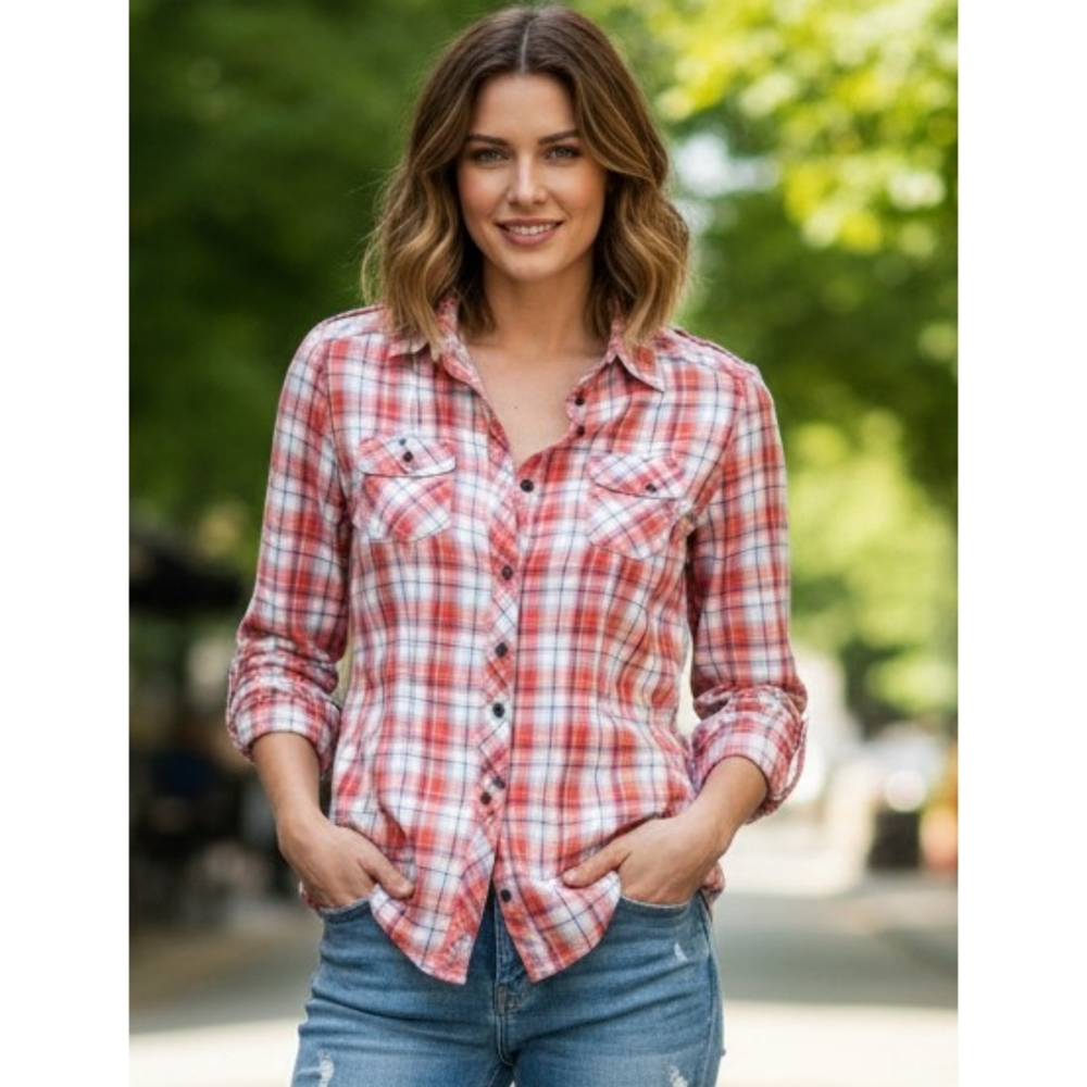Wishful Park Pink Plaid Button Down top Size M